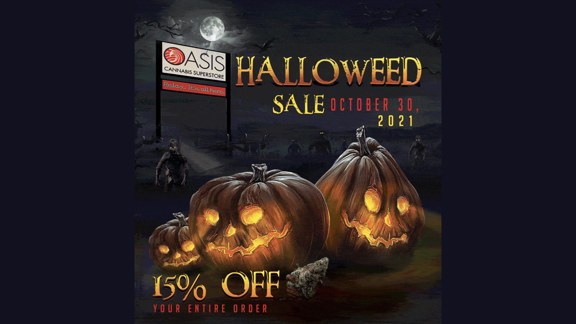 Oasis Halloween Sale Promo with Pumpkins and Oasis Sign
