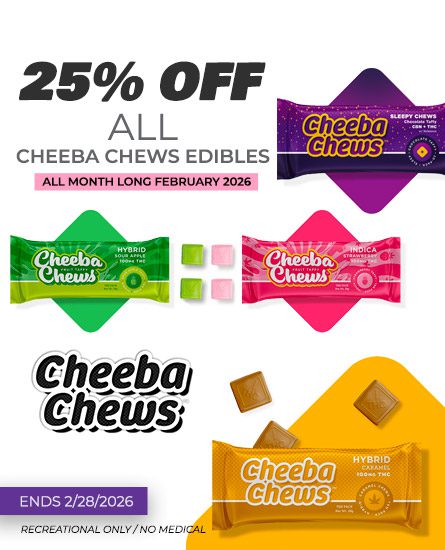 Cheba Chews 25% off at Oasis Cannabis Superstore in Denver. Expires 2/28/2026