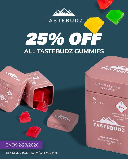 Tastebudz gummies 25% off at Oasis Superstore Denver. Deal end 2-28