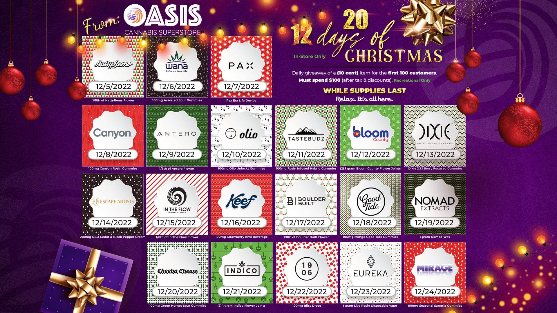 20 days of Christmas deals. A different daily deal. In-store only. Daily giveaways with purchase.