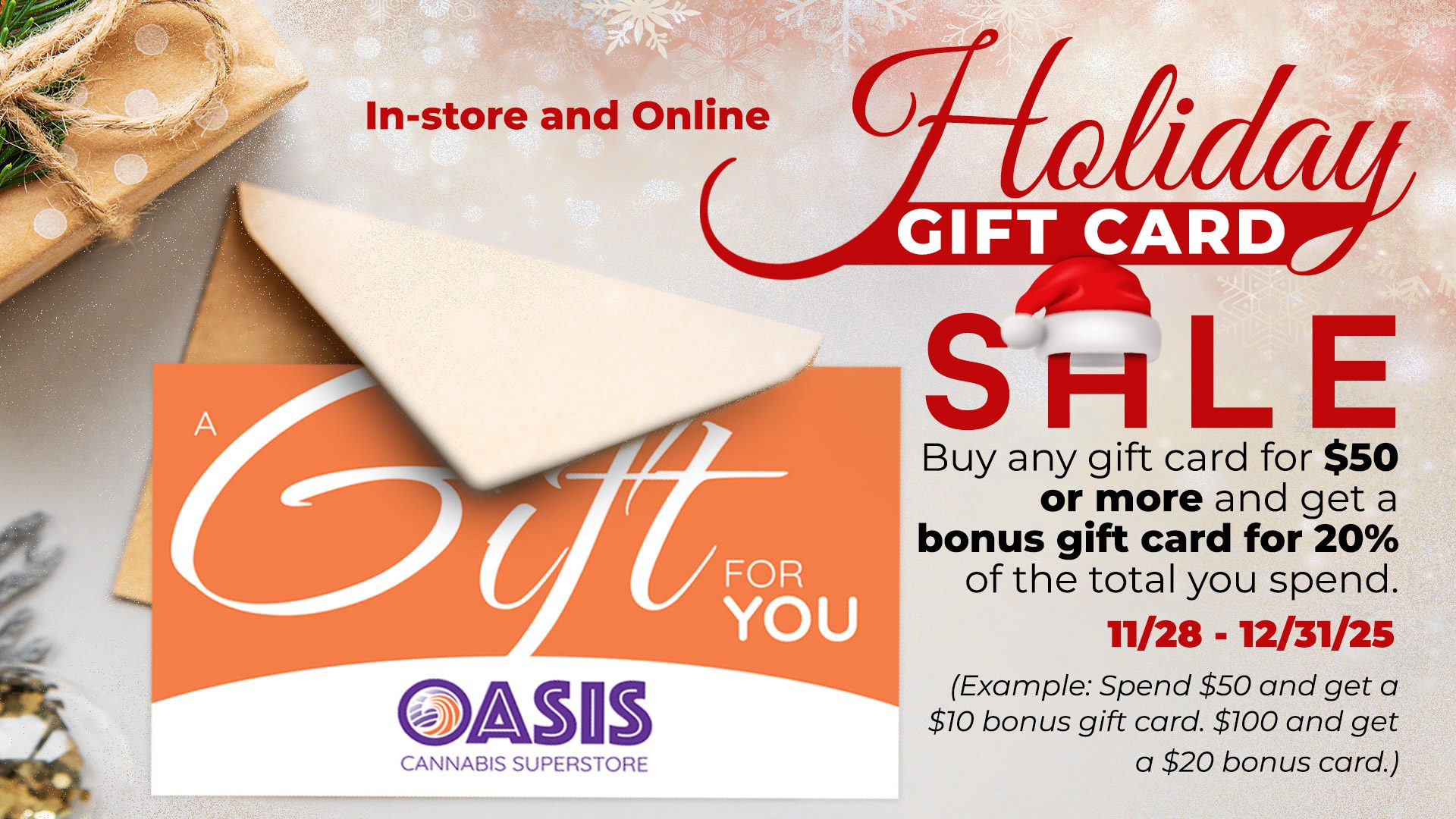 Denver Dispensary cannabis gift cards. 20% off sale. Oasis Cannabis Dispensary